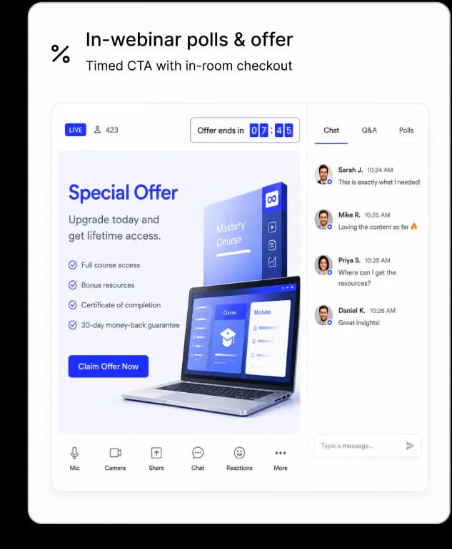 In-webinar polls and offer with a timed CTA and in-room checkout