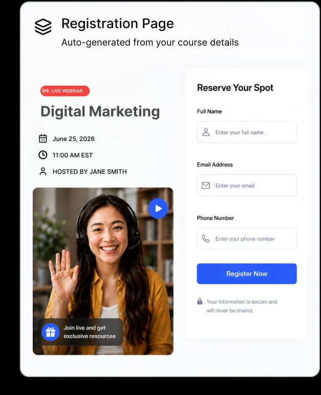 Registration page auto-generated from your course details