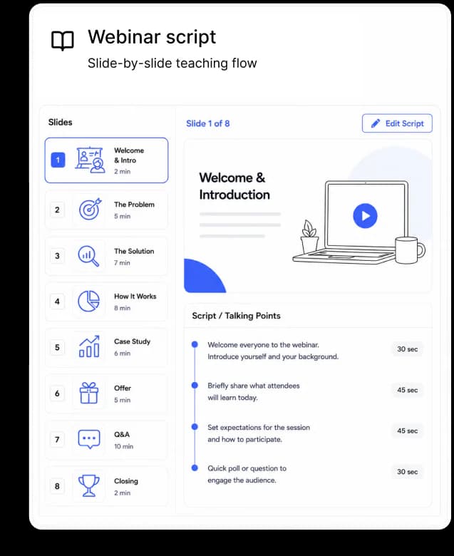 Webinar script with a slide-by-slide teaching flow