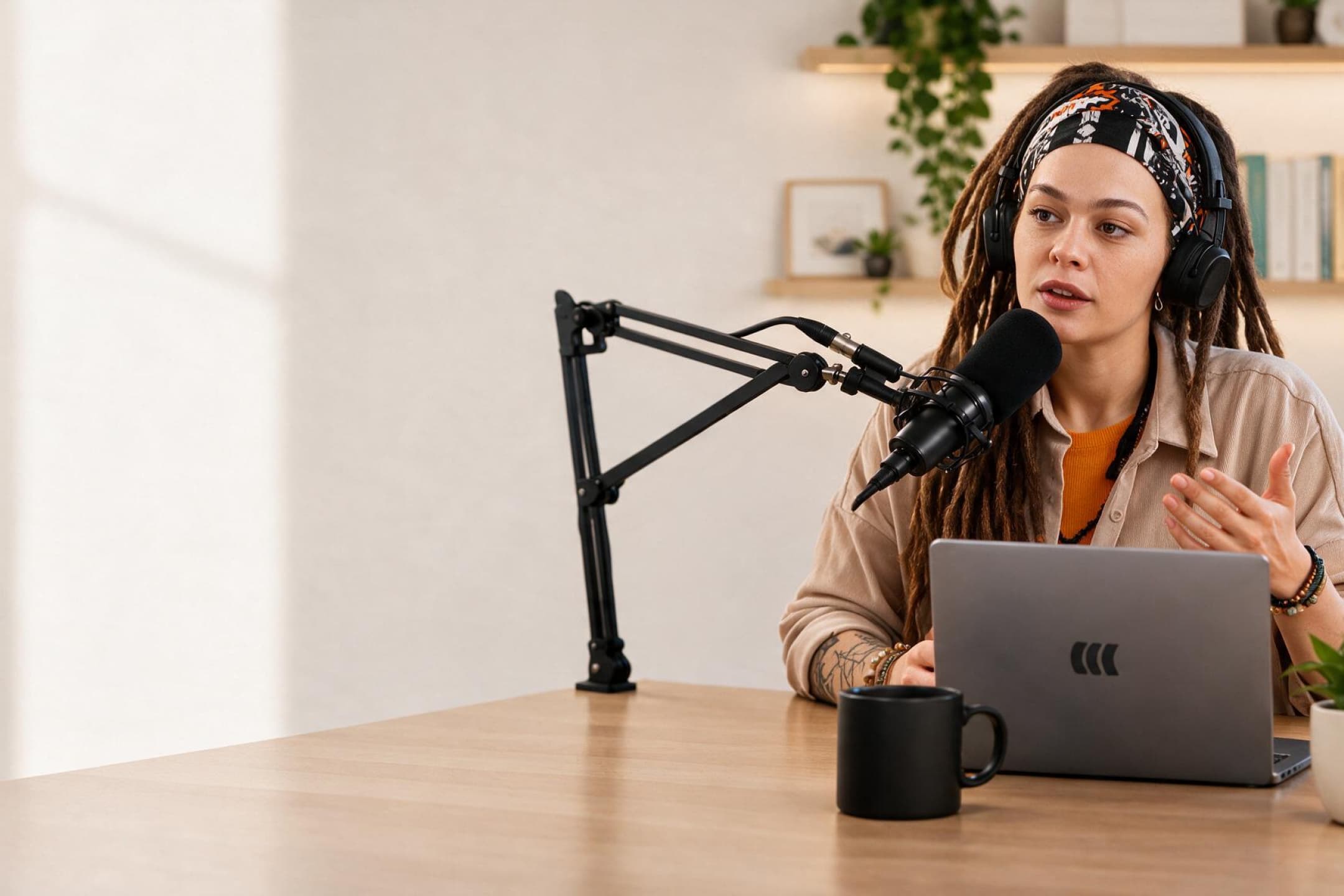 A creator recording a podcast, reviewing conversion analytics on her laptop