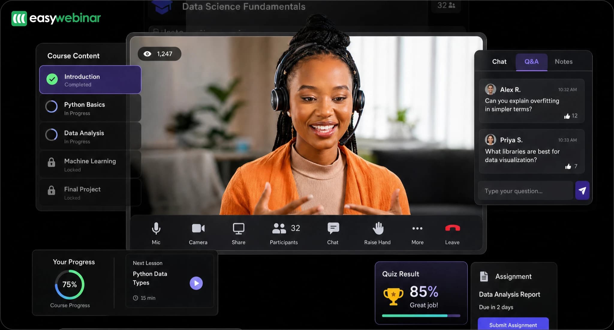 EasyWebinar live course webinar dashboard with chat, Q&A, quiz results, and assignment tracking