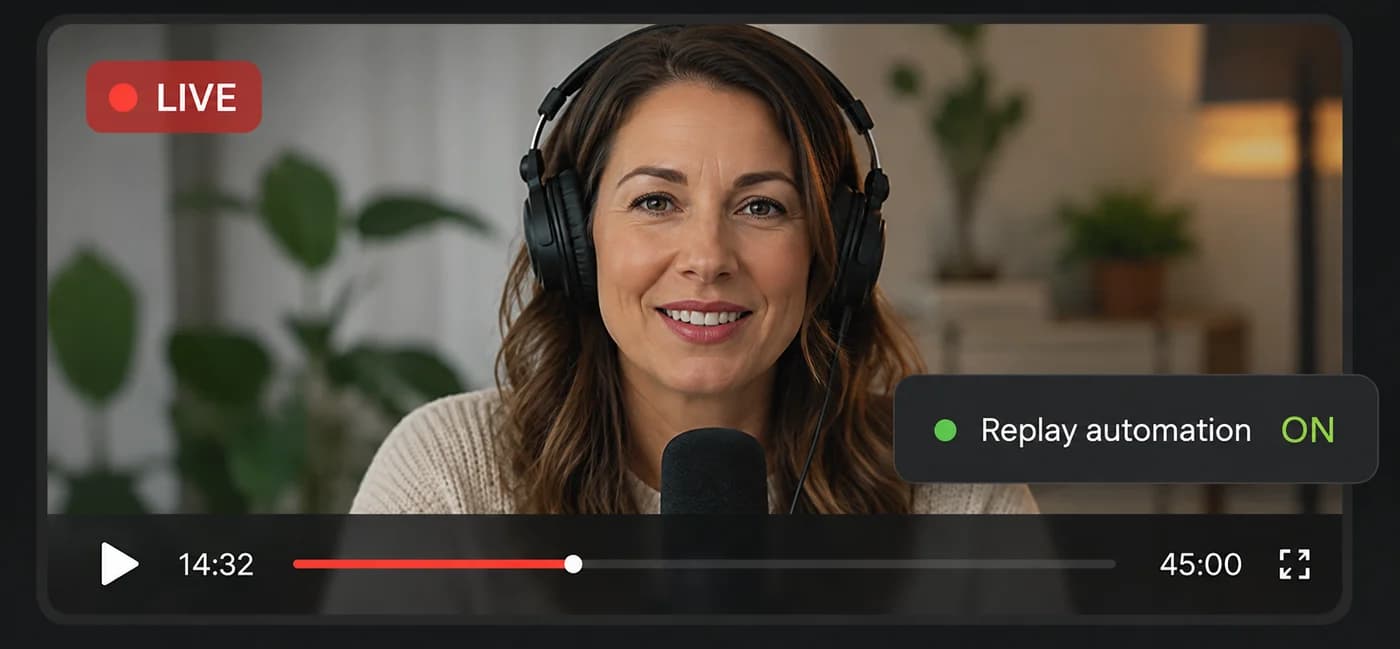 EasyWebinar live session player showing a running broadcast with replay automation enabled