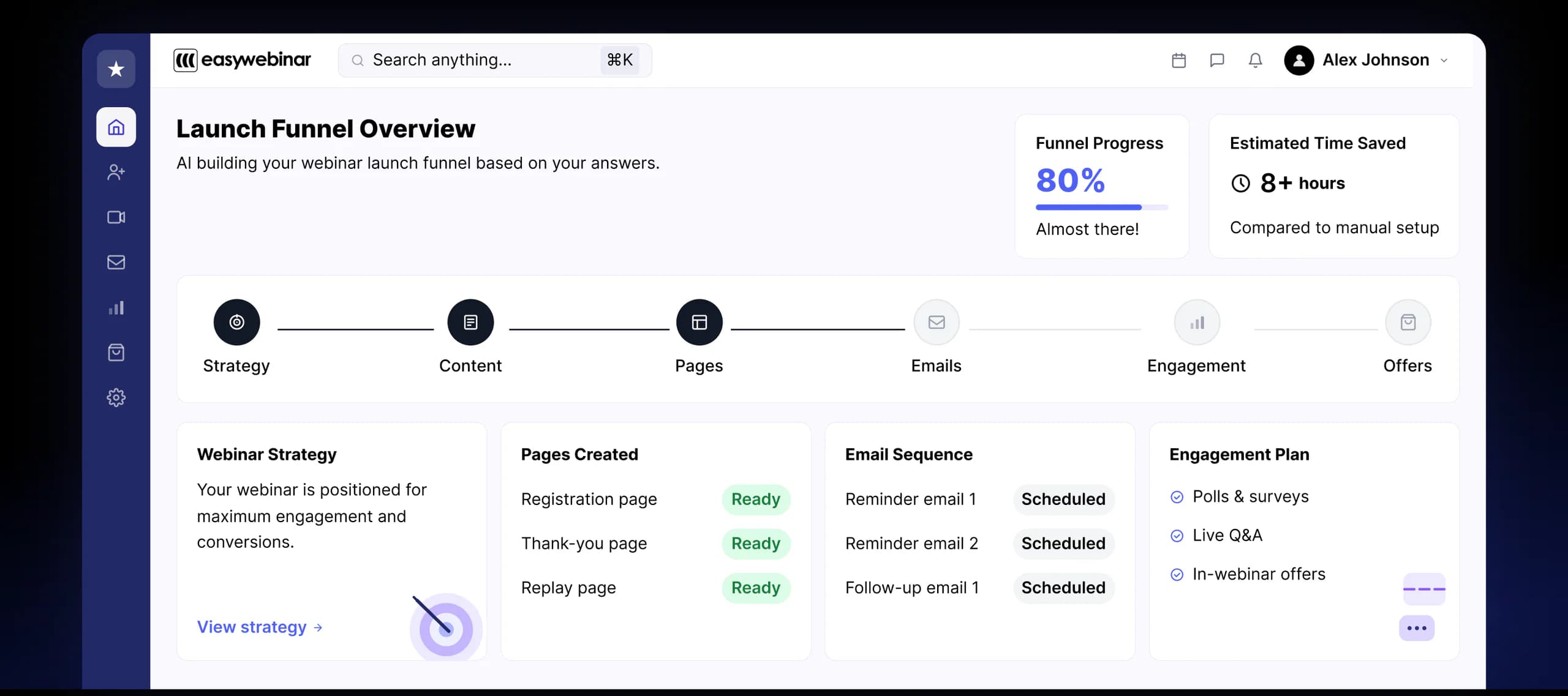 EasyWebinar AI-built launch funnel dashboard at 80% complete, showing strategy, content, pages, emails, and engagement setup for a course launch