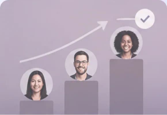 Illustration of three people standing on rising podium bars beside an upward arrow and checkmark