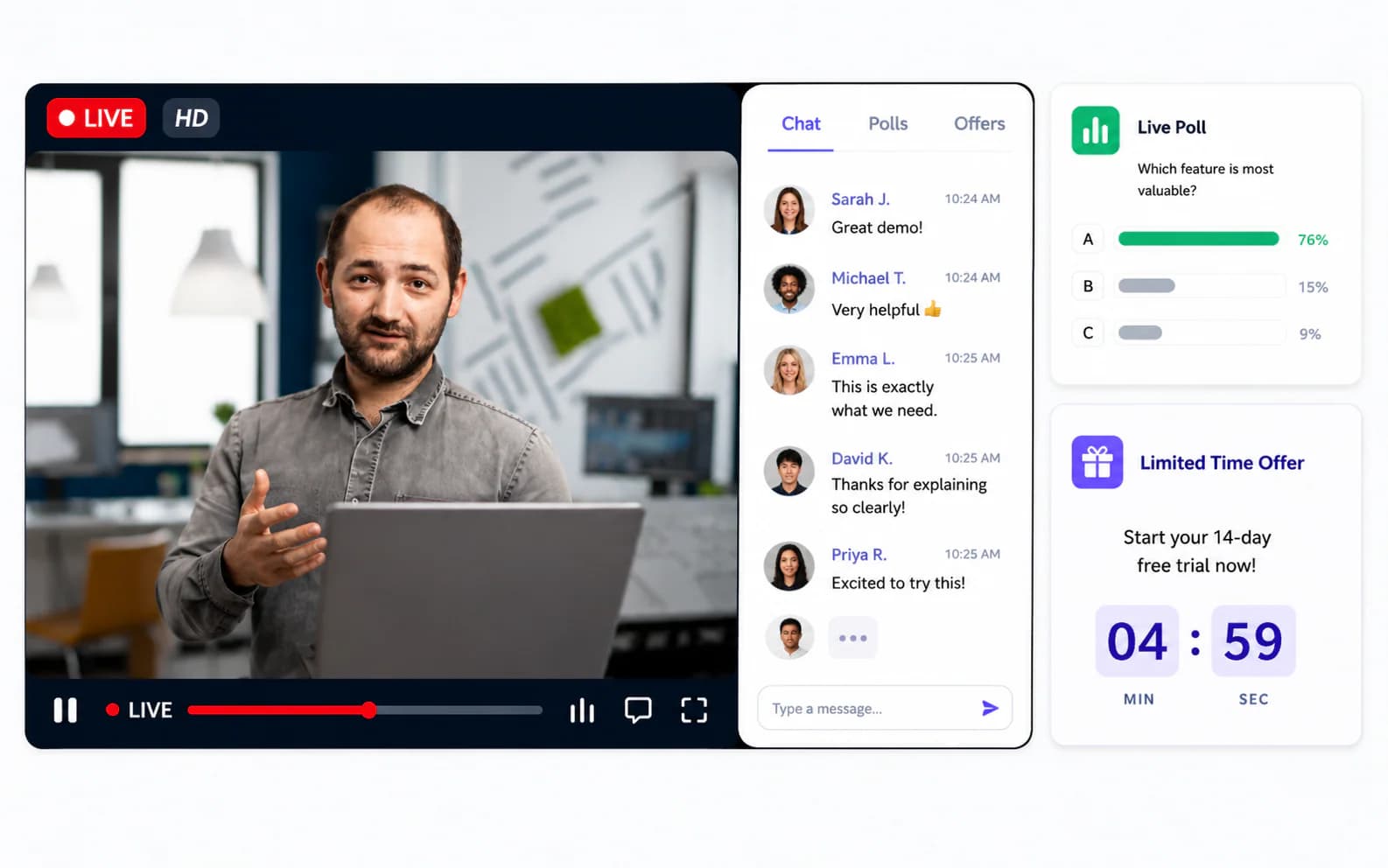 Live webinar interface showing a presenter on camera alongside real-time attendee chat, a live poll, and a limited-time offer countdown
