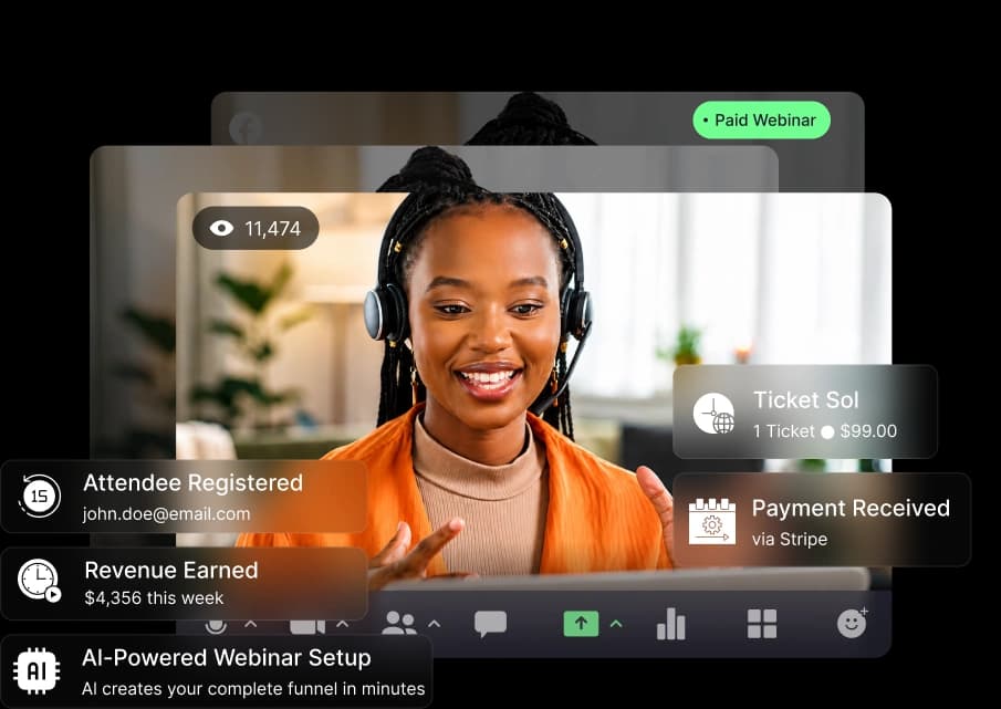 Woman with headset hosting paid webinar