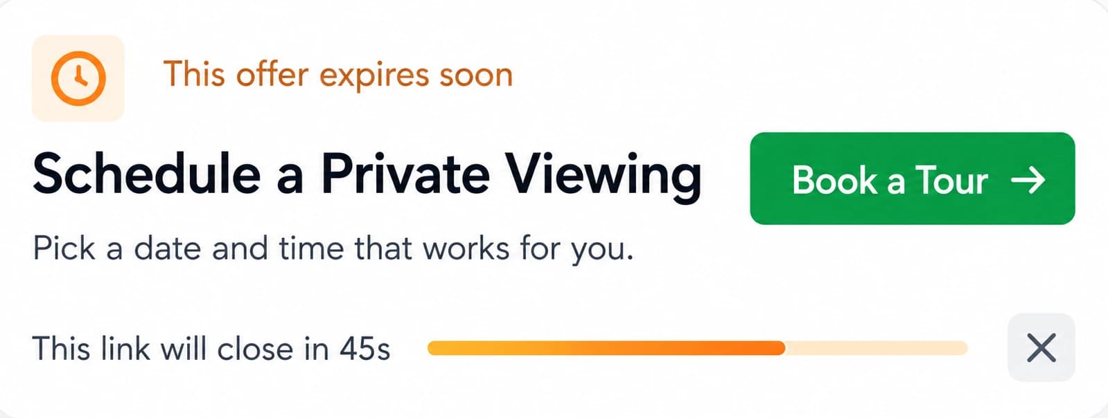 Schedule a private viewing card with countdown and Book a Tour button