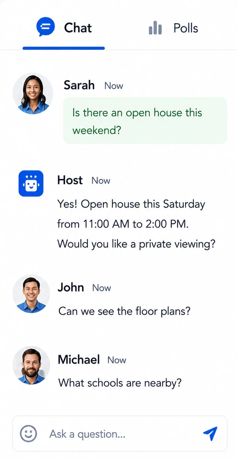 Live chat panel with buyer questions during the property tour