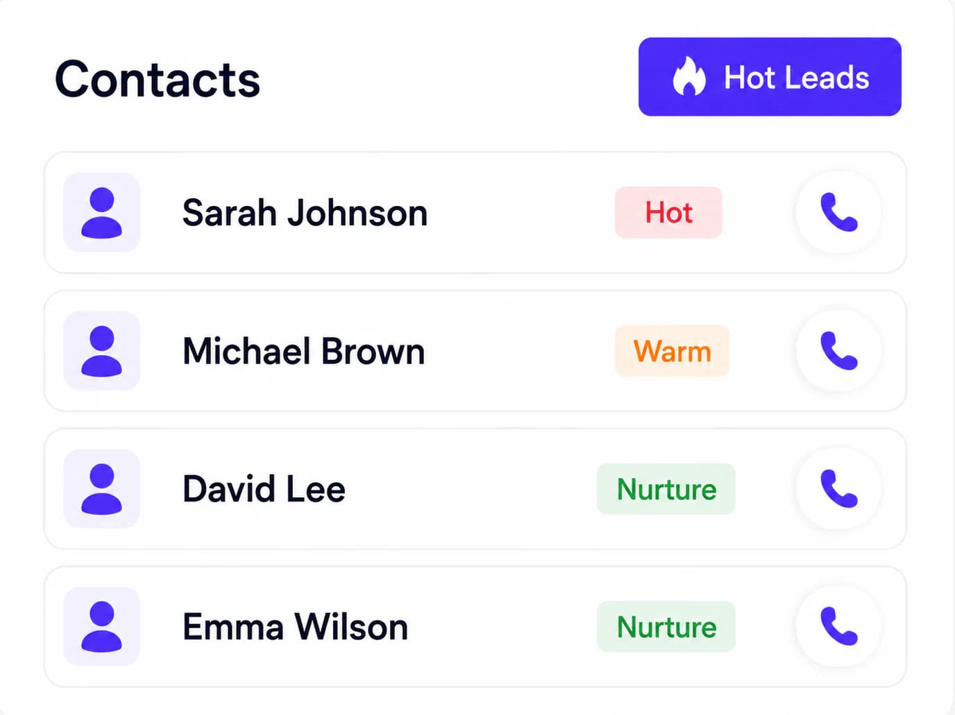 Contacts panel showing attendees scored Hot, Warm, and Nurture
