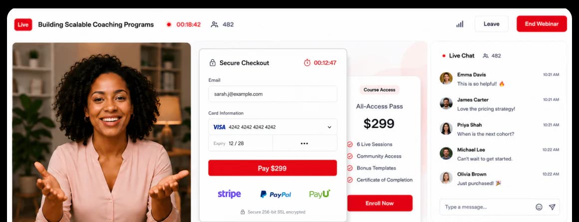 In-webinar secure checkout with Stripe, PayPal, and PayU