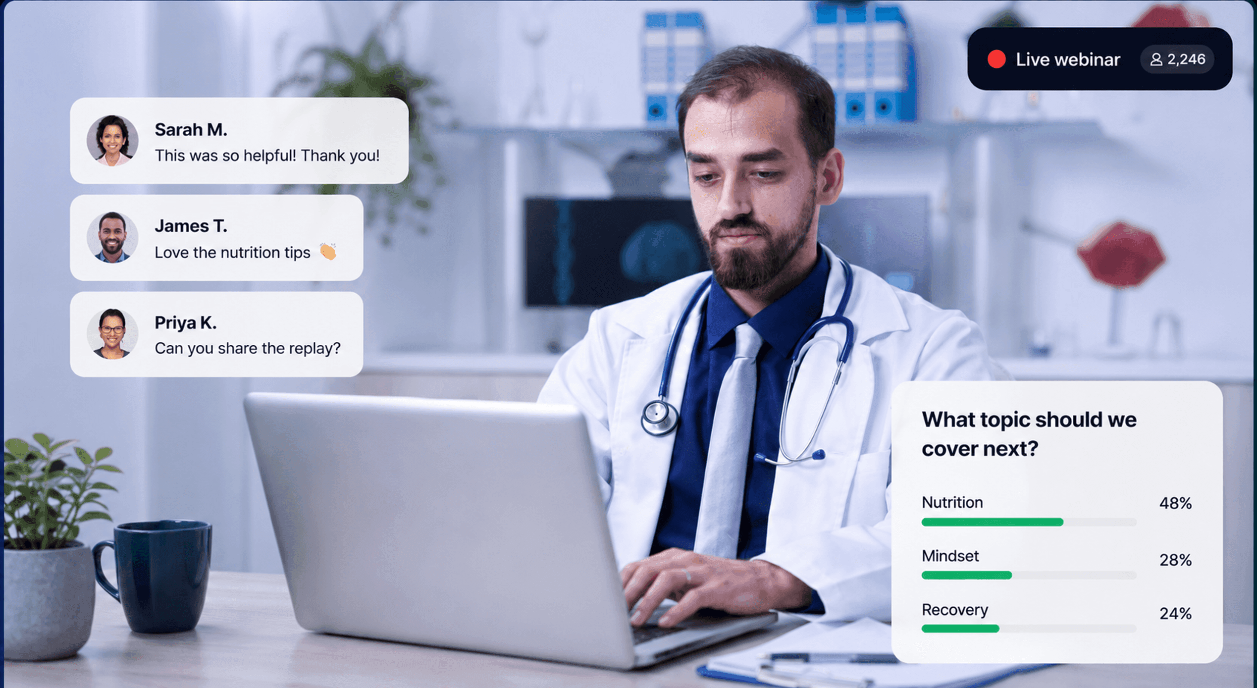 Live webinar dashboard showing chat, attendee count, and a poll for a health and wellness coach