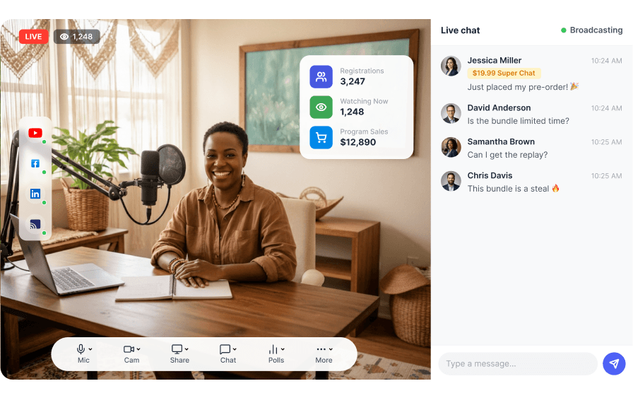 A health and wellness coach live-streaming a class with registration and sales stats overlaid