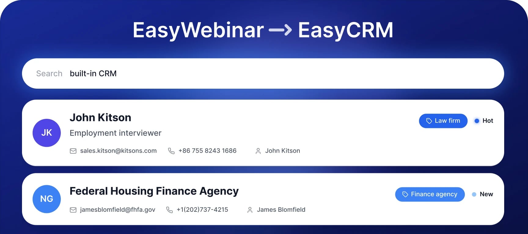 EasyCRM contact records synced automatically from webinar attendance