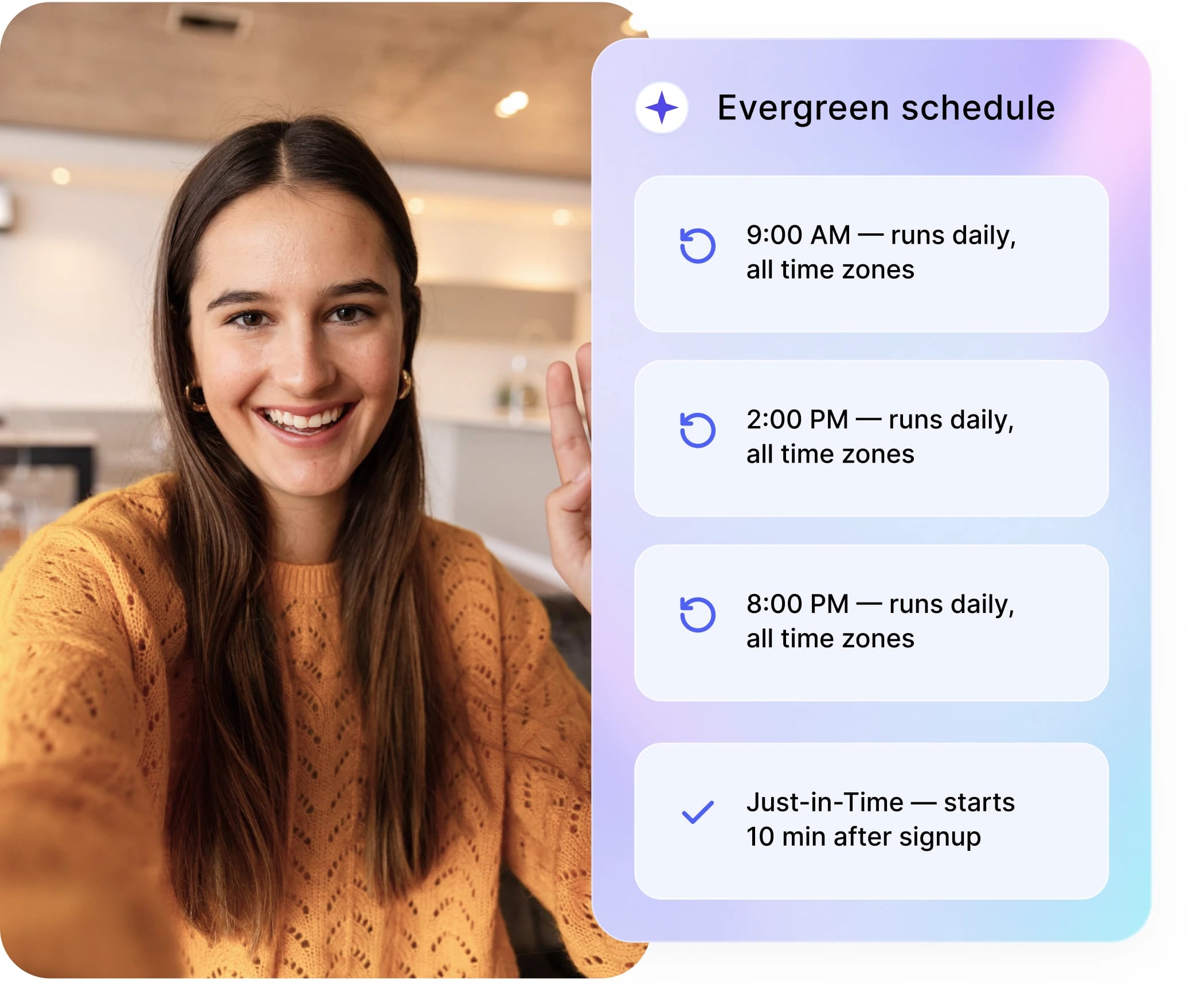 An automated webinar host beside an evergreen schedule listing daily sessions across all time zones and a just-in-time start