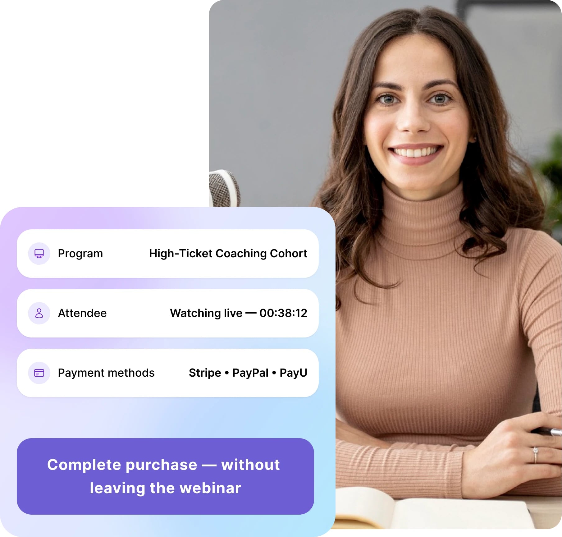 A live webinar host beside an in-webinar checkout card offering Stripe, PayPal, and PayU without leaving the session