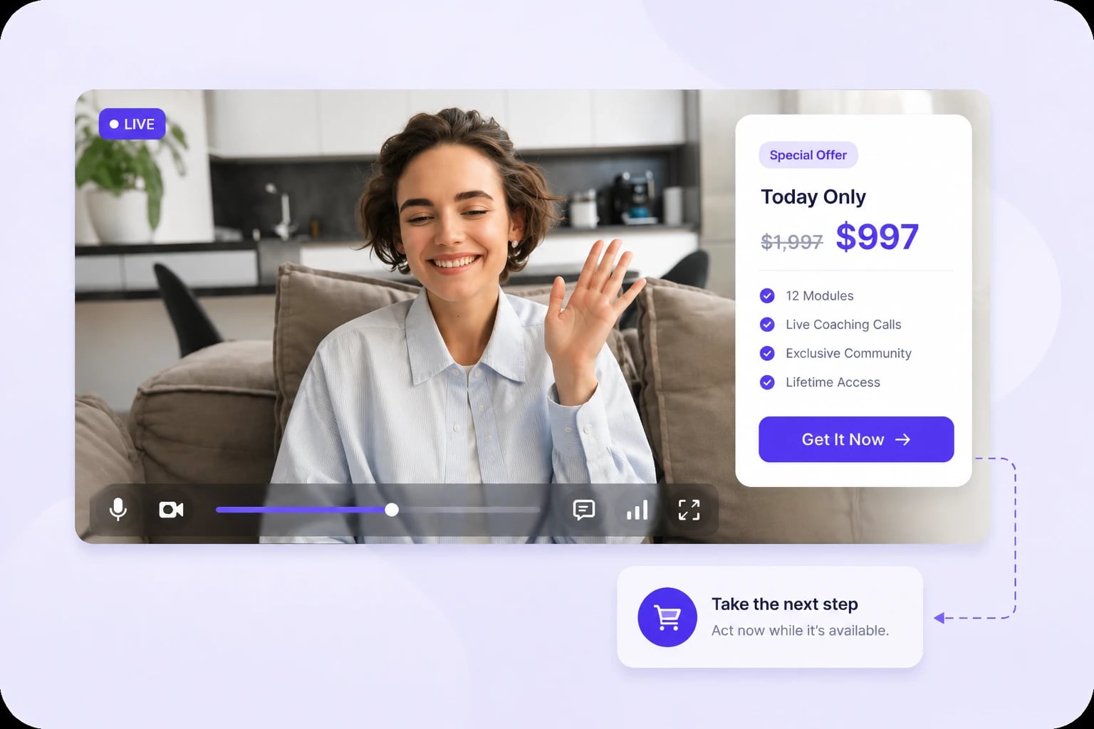 Live webinar video call with a checkout offer overlay showing a discounted price and a take-the-next-step prompt