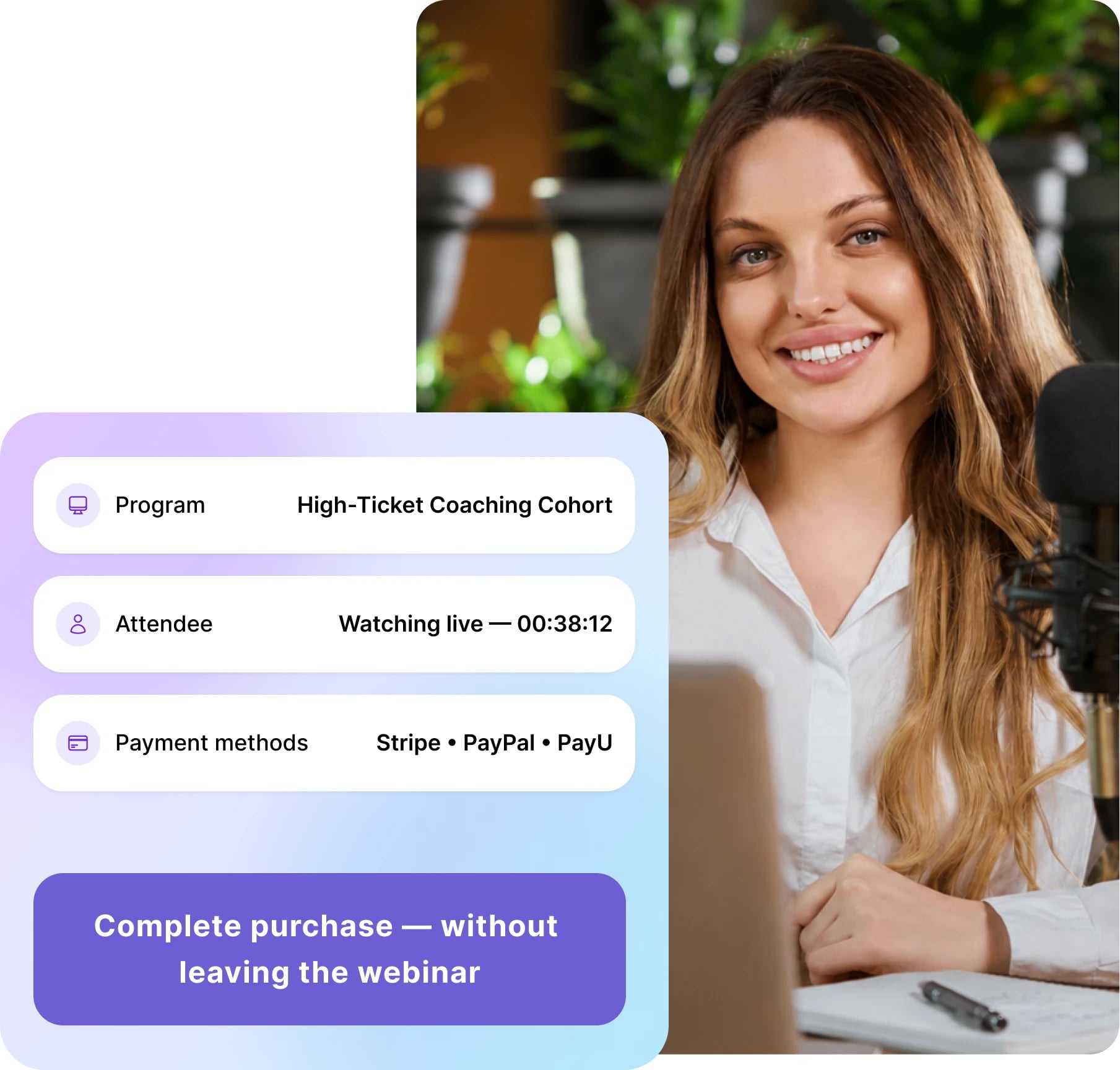 A live webinar host beside an in-webinar checkout card offering Stripe, PayPal, and PayU without leaving the session