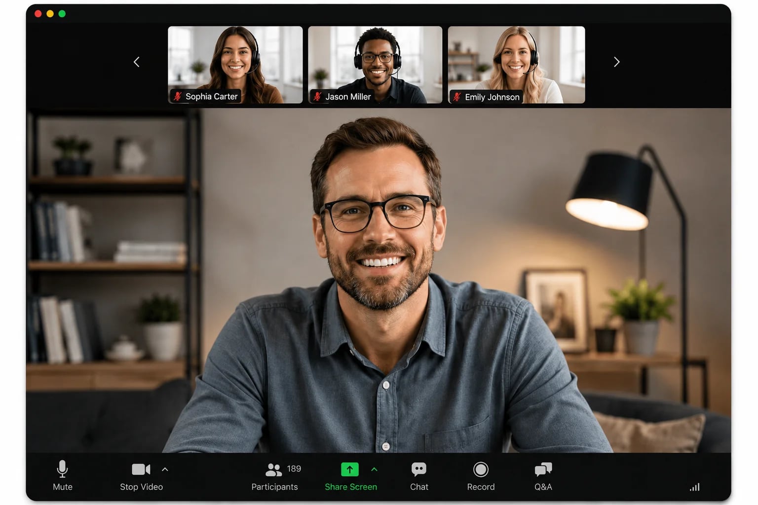 EasyWebinar live webinar interface with attendee thumbnails, chat, and controls
