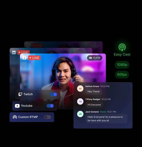 EasyCast multistream dashboard showing simultaneous broadcast to multiple platforms