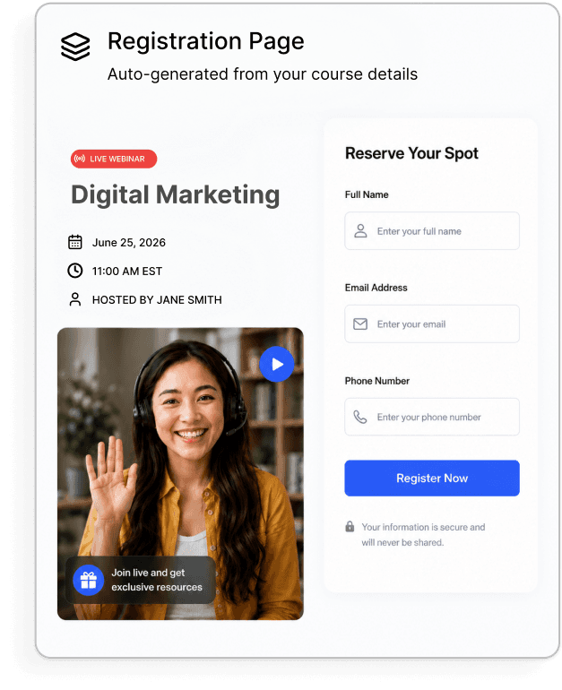 Registration page auto-generated from your course details