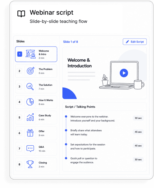 Webinar script with a slide-by-slide teaching flow