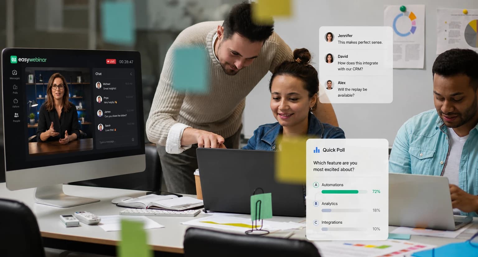 IT team reviewing an EasyWebinar live session dashboard with chat and quick poll panels
