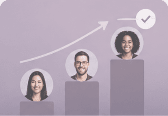Illustration of three people standing on rising podium bars beside an upward arrow and checkmark