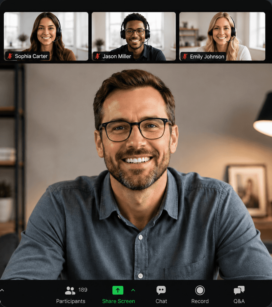 Live webinar session preview showing a presenter on camera with participant thumbnails and a control bar for participants, screen share, chat, record, and Q&A