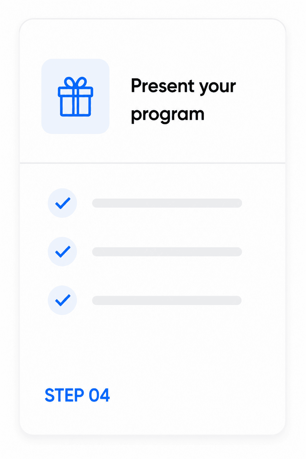 Mockup card with a gift icon for 'present your program' above a checklist of three checked items