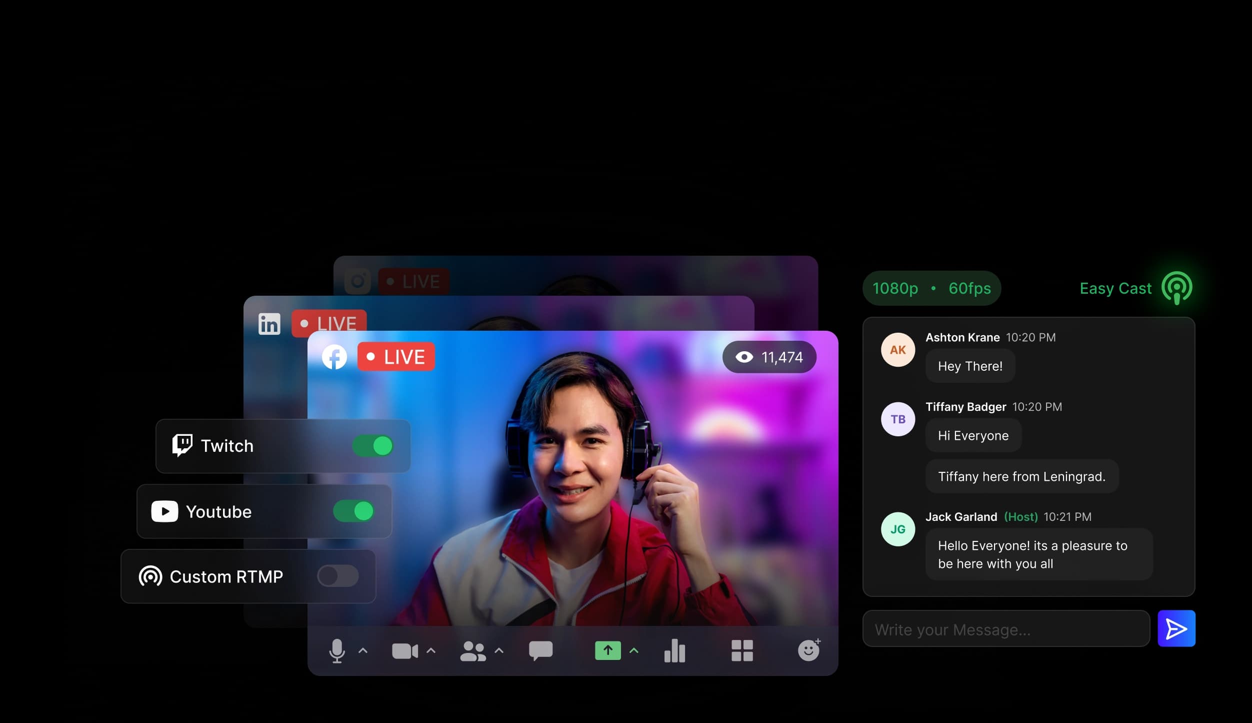 EasyCast multistream dashboard showing simultaneous broadcast to multiple platforms