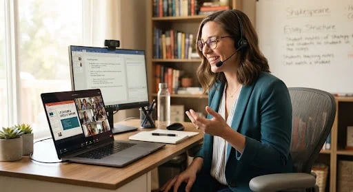 Course creator teaching a live webinar from a laptop