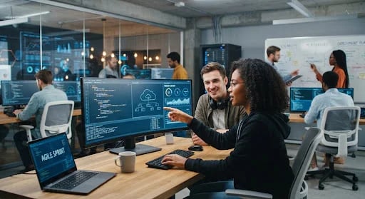 Engineering team reviewing a product demo on screen
