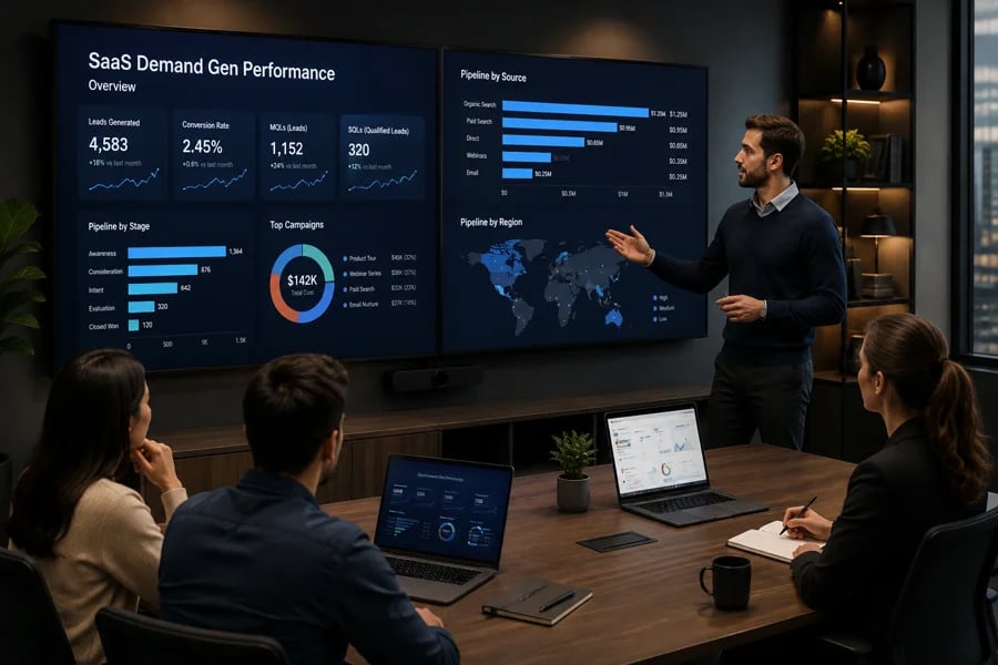 SaaS team reviewing demand-generation performance dashboards