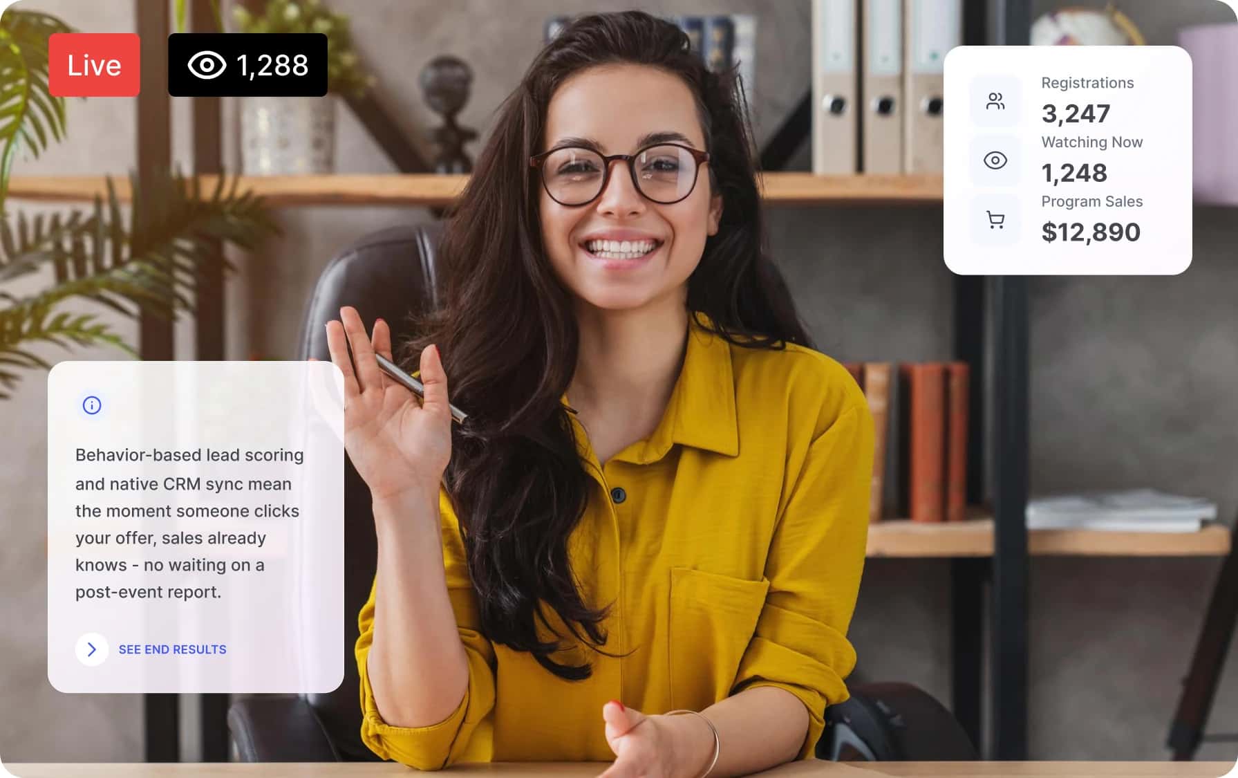 A marketing team's live webinar with viewer count and pipeline stats overlaid