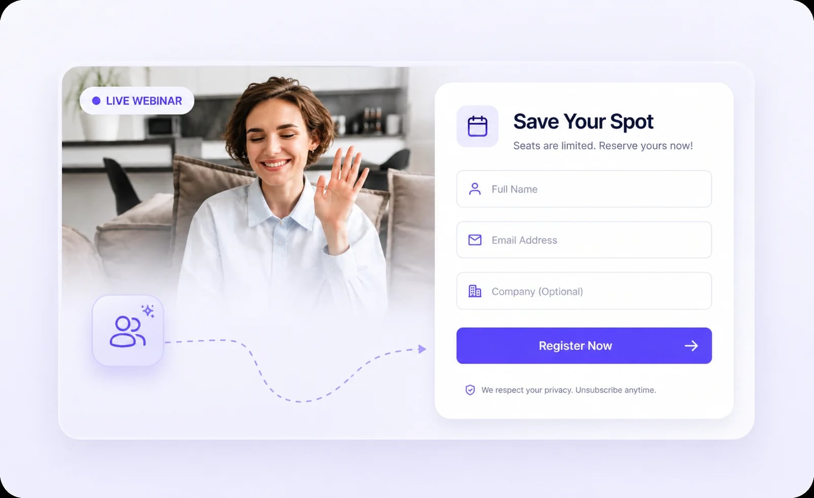 Registration form overlay on a live webinar preview, prompting a visitor to save their spot