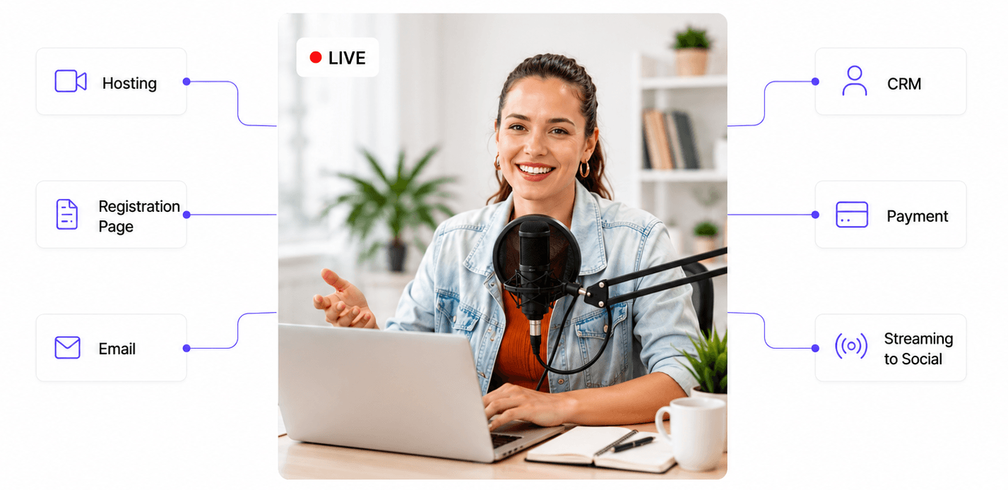 Separate tools for landing pages, email, streaming, and payments that don't talk to each other