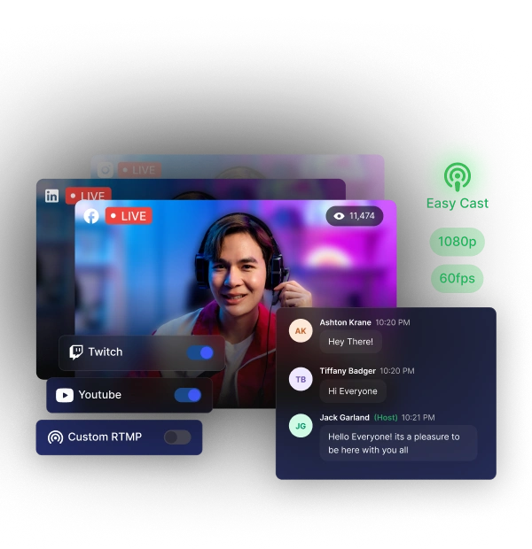 EasyCast multistream dashboard showing simultaneous broadcast to multiple platforms
