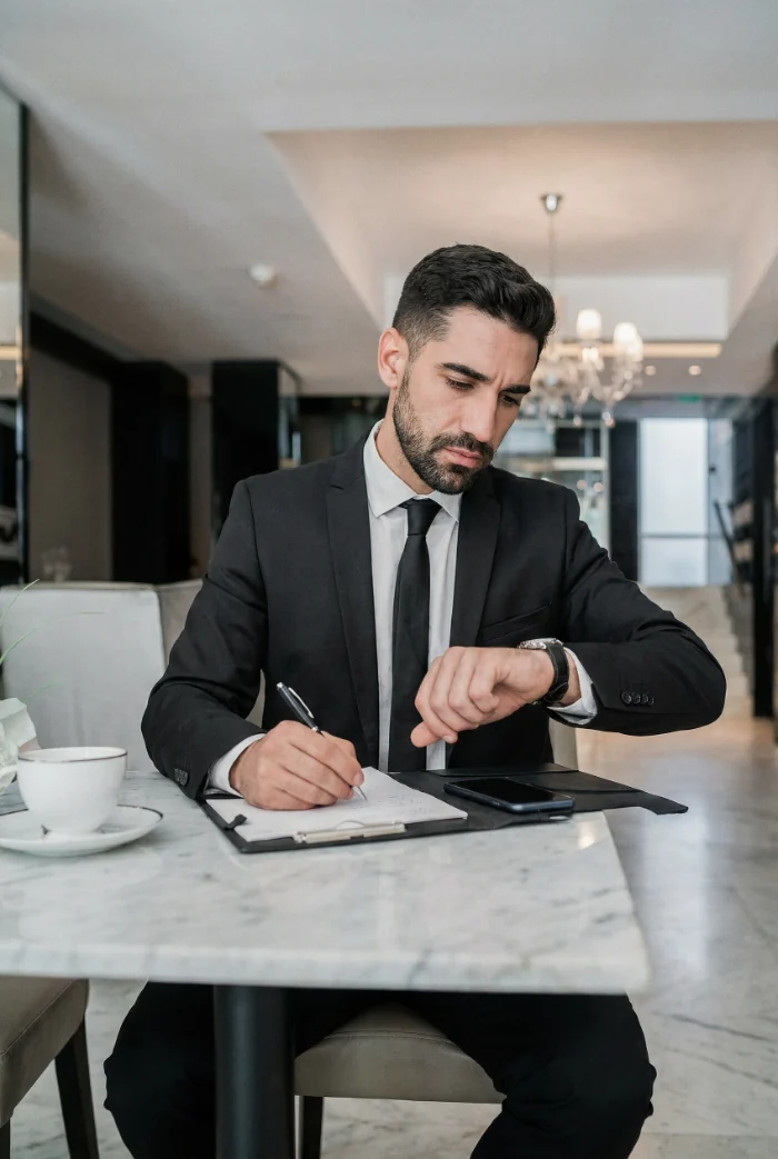 Man in a suit checking his watch while writing notes