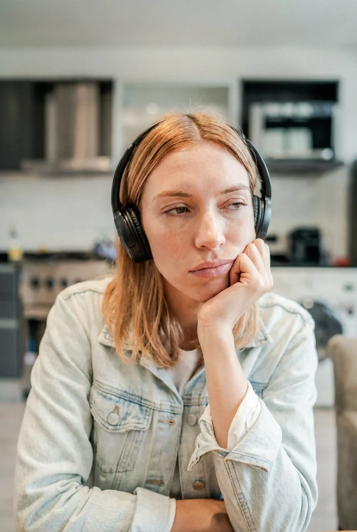 Bored presenter with headphones resting her chin in her hand