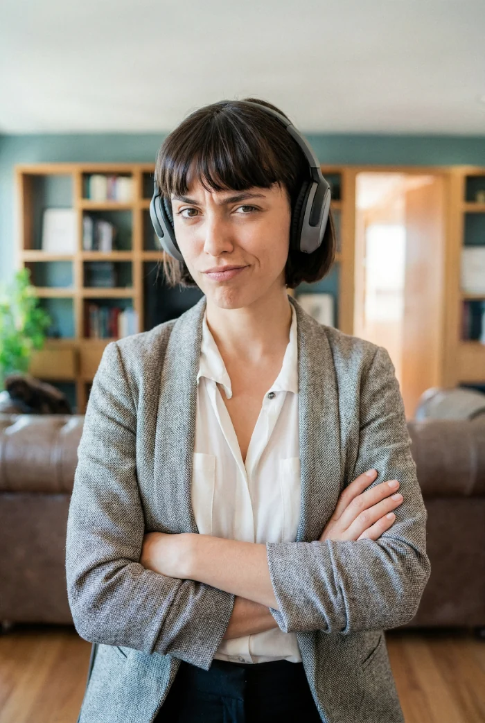 Sceptical woman with arms crossed and a raised eyebrow