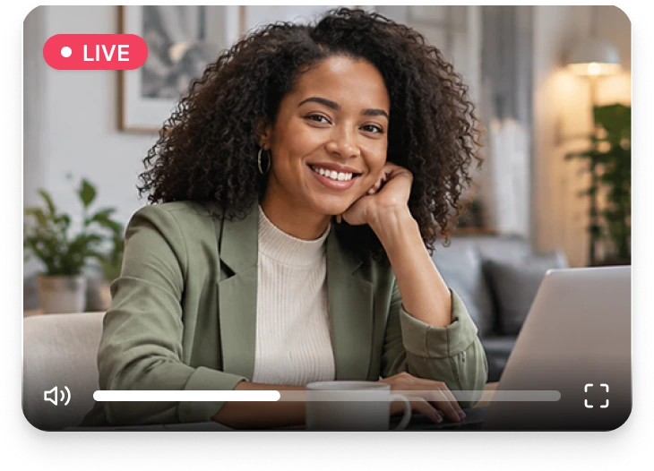 Smiling webinar presenter at her laptop, with live video controls
