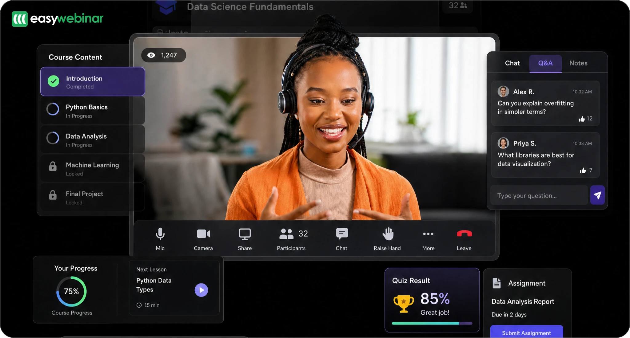 EasyWebinar live course webinar dashboard with chat, Q&A, quiz results, and assignment tracking