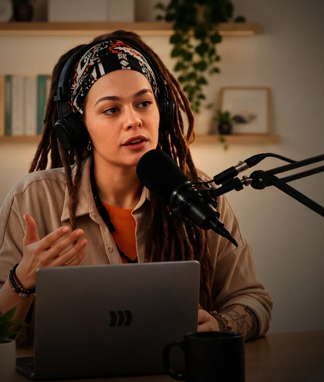 Course creator recording a webinar at a podcast microphone