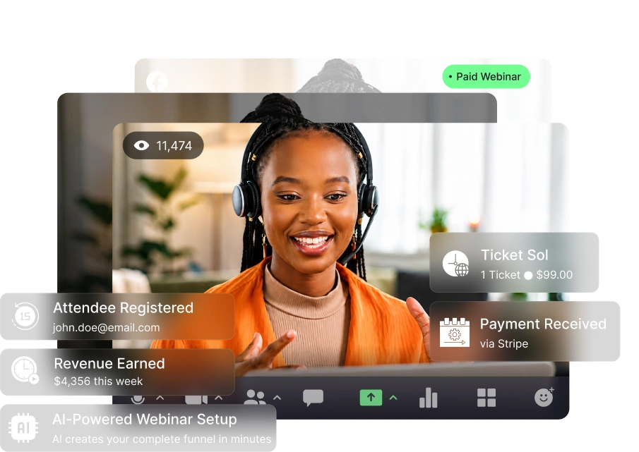 Woman with headset hosting paid webinar