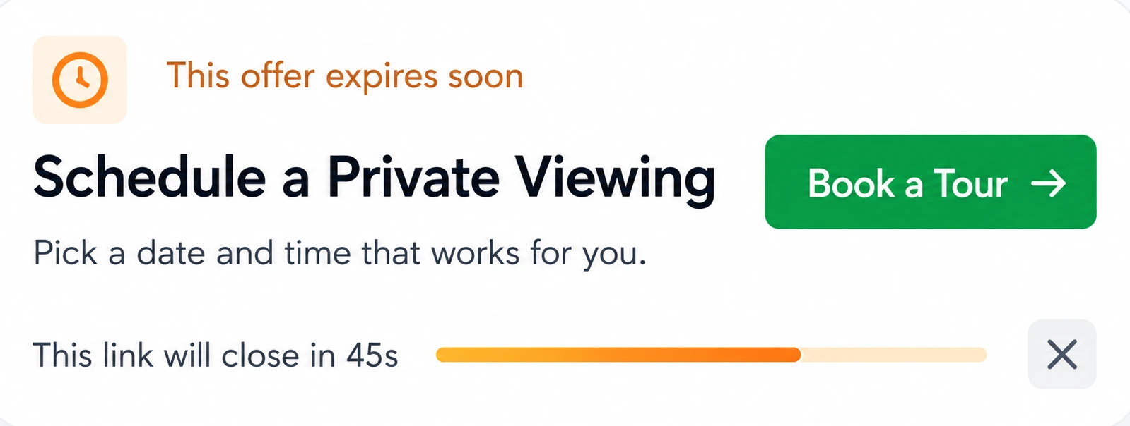 Schedule a private viewing card with countdown and Book a Tour button