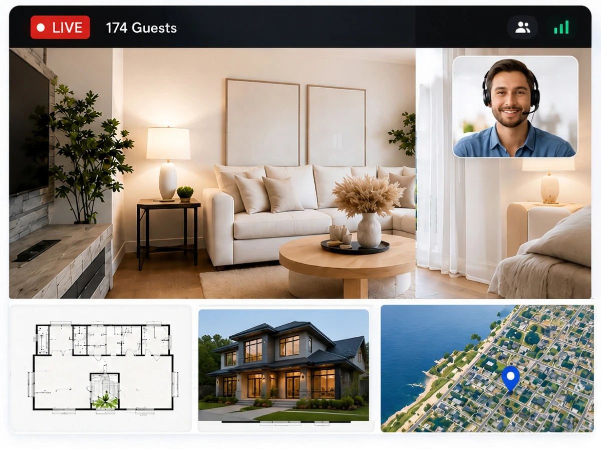Live property tour video call with floor plan, exterior, and aerial map thumbnails
