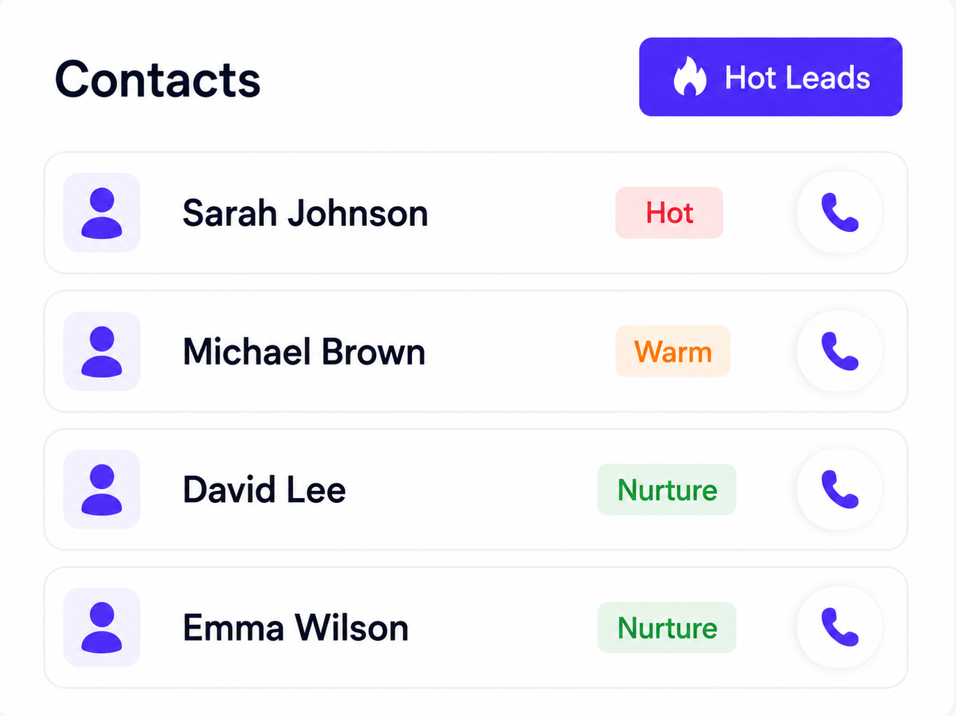 Contacts panel showing attendees scored Hot, Warm, and Nurture