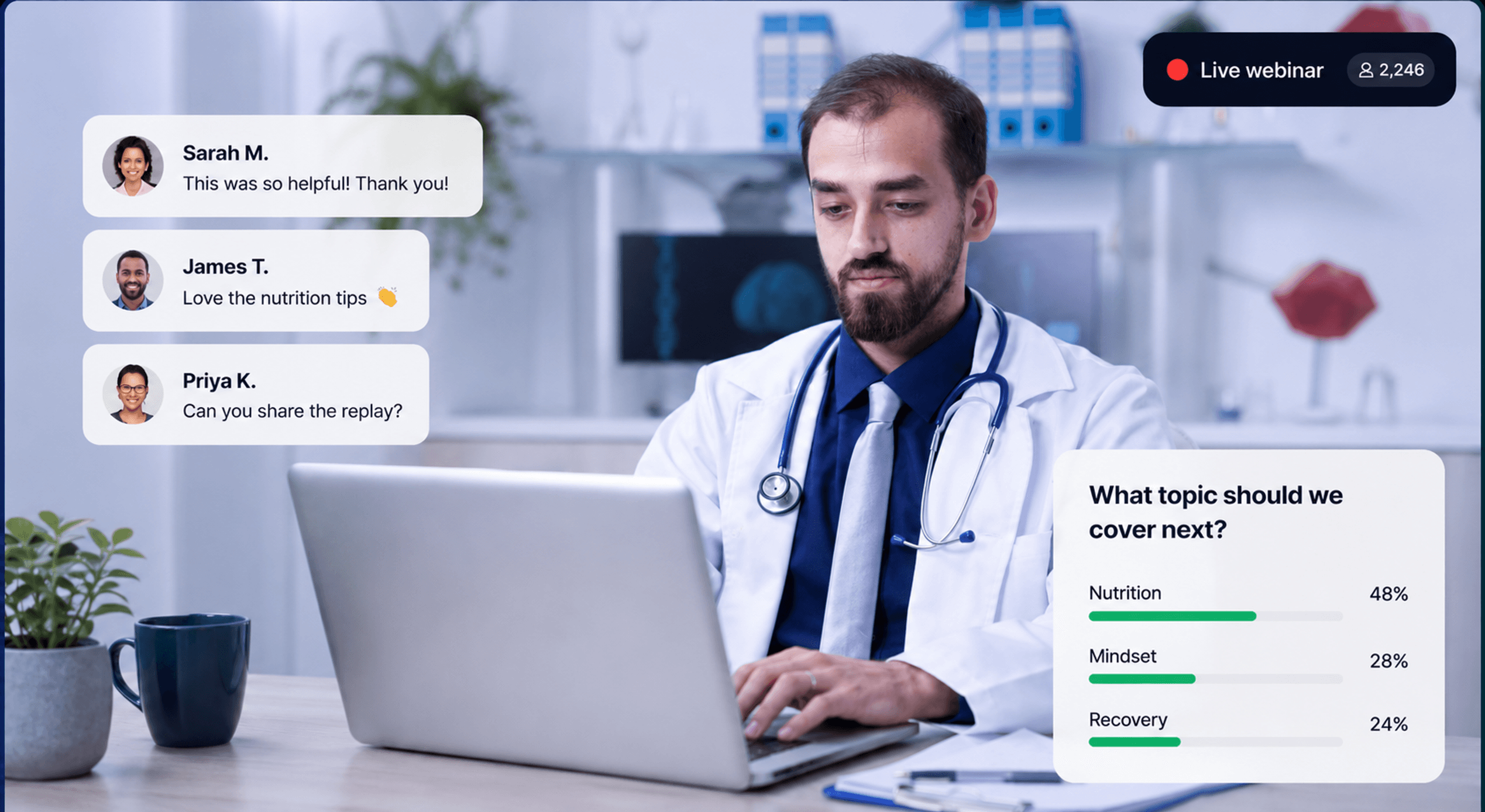 Live webinar dashboard showing chat, attendee count, and a poll for a health and wellness coach