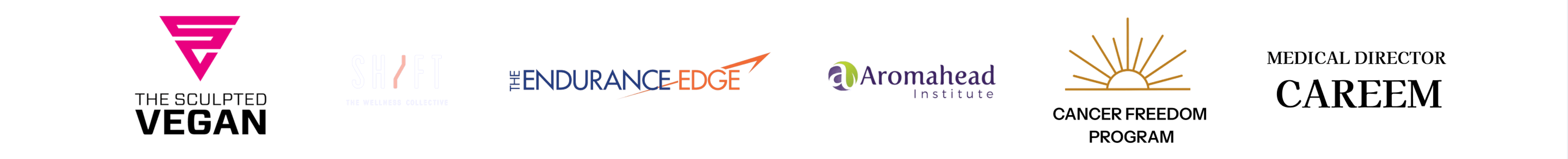 Logos of health and wellness businesses that trust EasyWebinar: The Sculpted Vegan, Shift Wellness Collective, The Endurance Edge, Aromahead Institute, Cancer Freedom Program, and Careem Medical Director