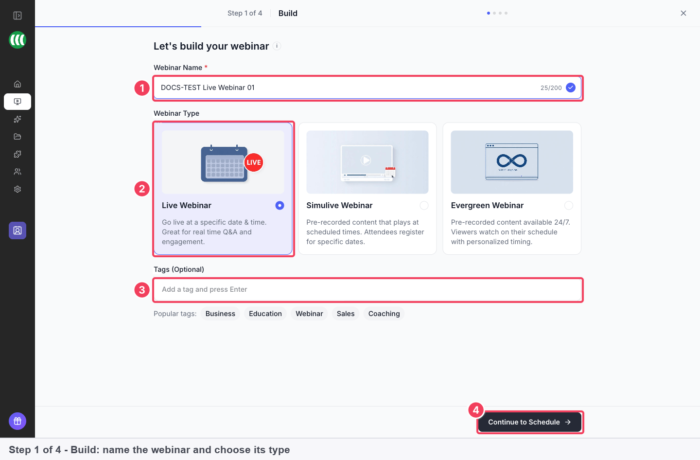 The webinar type cards: Live, Simulive and Evergreen